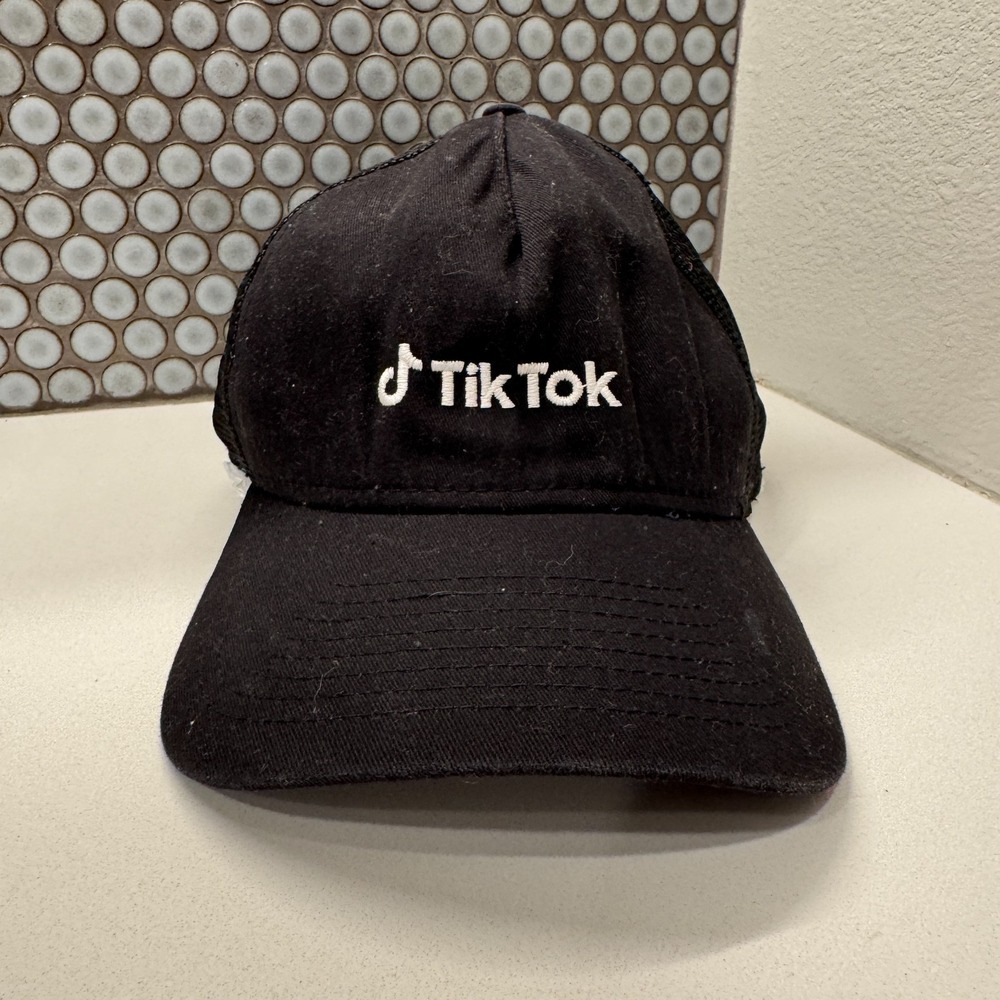 TikTok Hat Cap Black Snap Back Mesh Trucker New Era OSFM Logo Spellout Adult